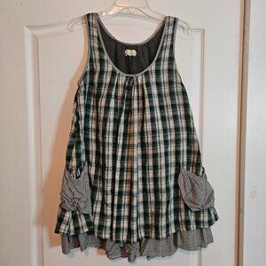 Anthropologie A'reve Green Plaid CottageCore Sleeveless Pockets Layered Dress L